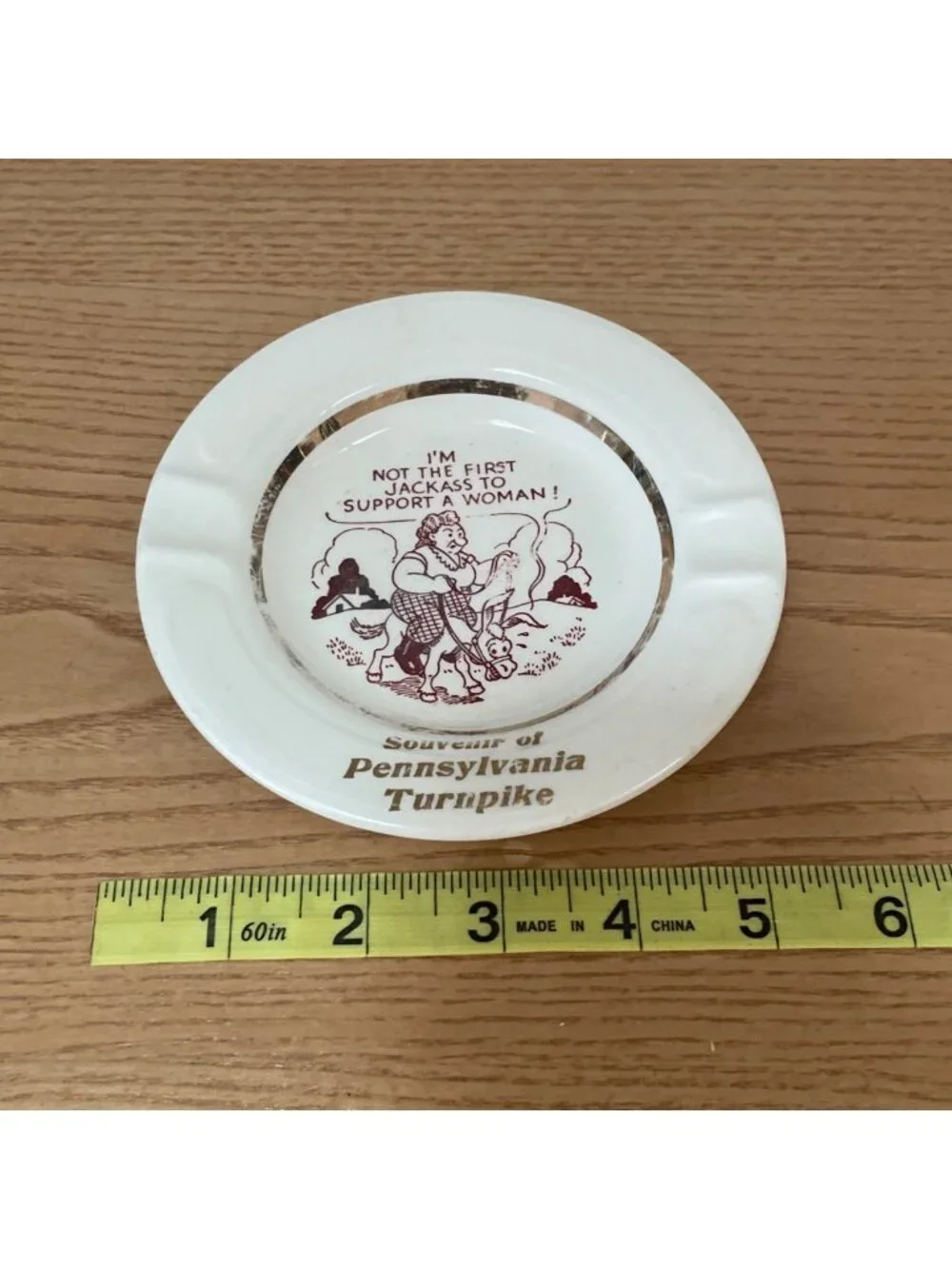 Vtg Pennsylvania Turnpike Souvenir Ceramic Ashtray w Adult Humor Donkey Woman